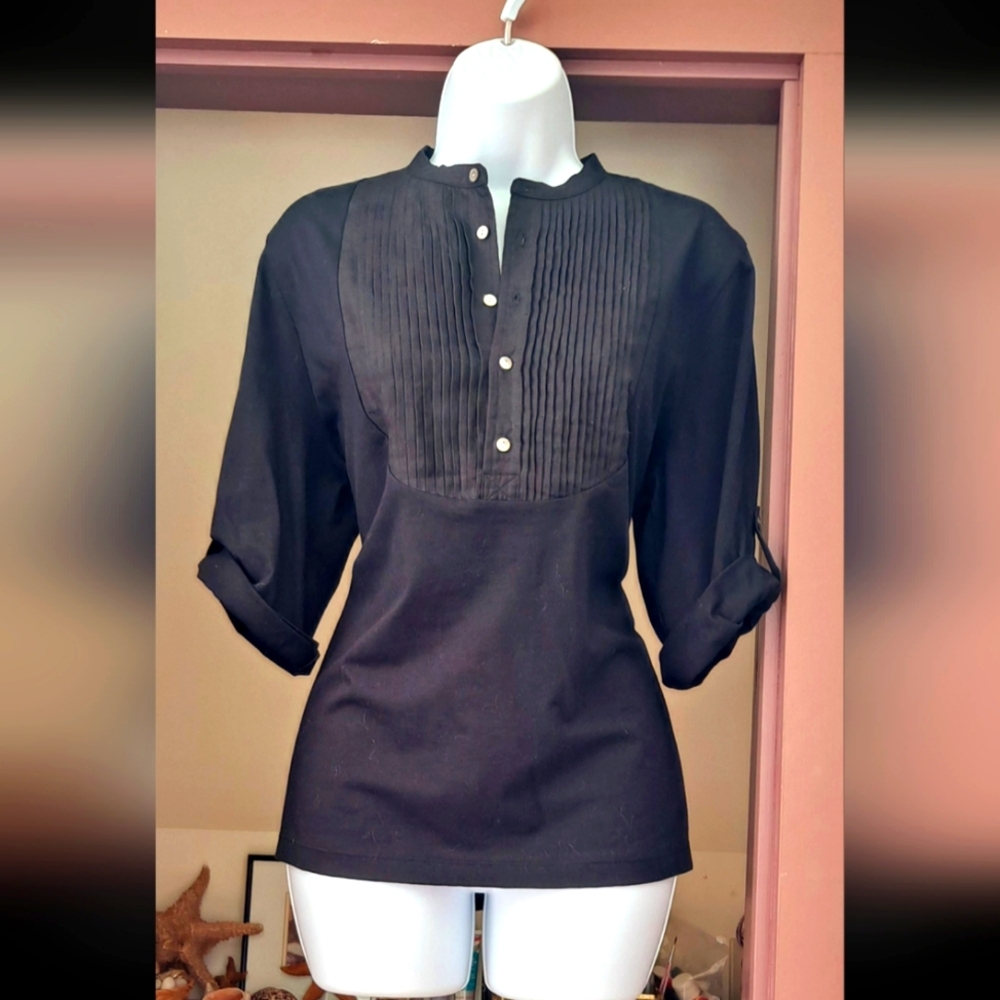 NWOT Ralph Lauren Black Tuxedo Blouse 3/4 Sleeve Tunic Top 100% Cotton Blouse